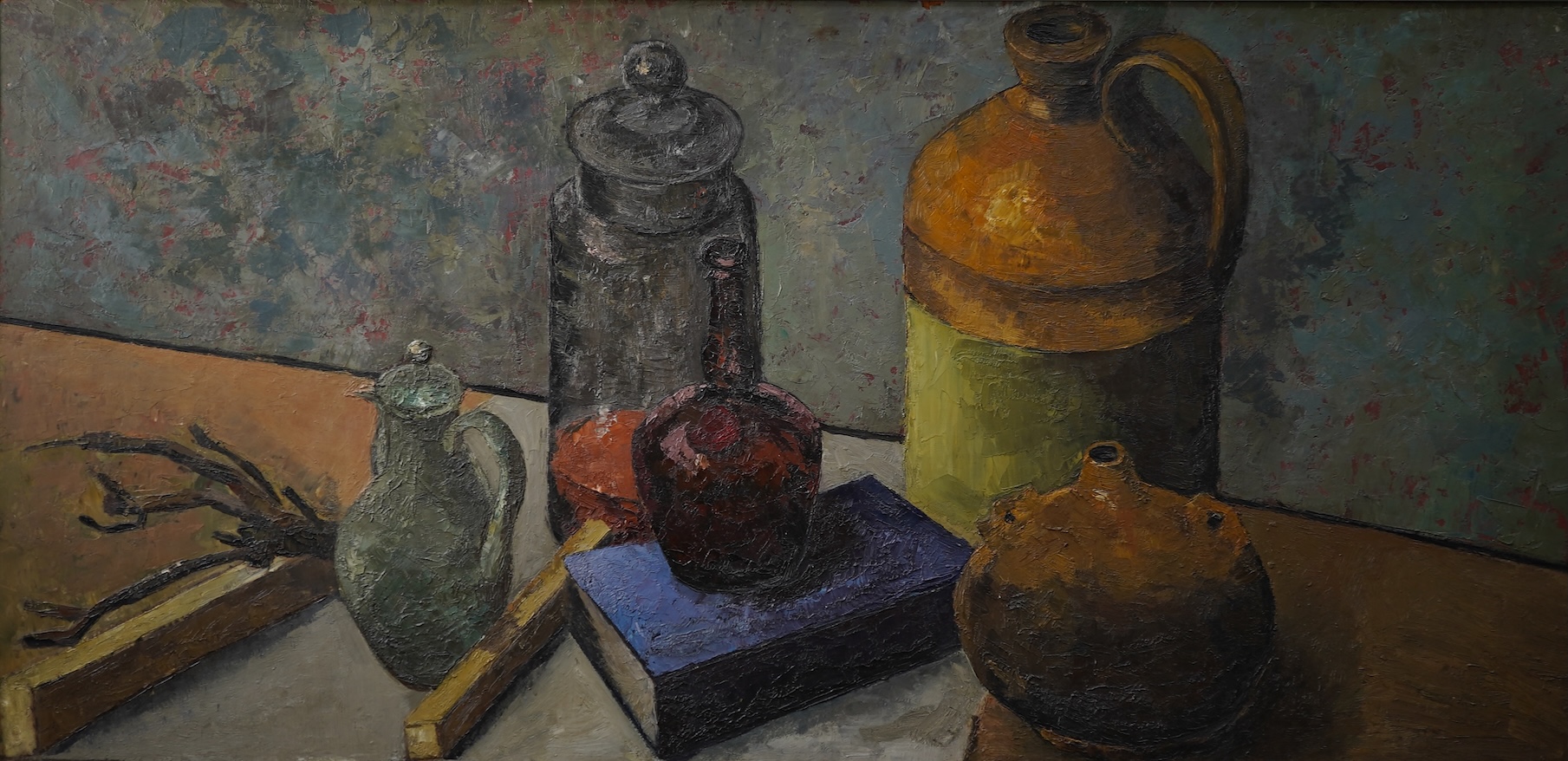 Clarisse Loxton-Peacock, later Lady Dunnett., Hungarian (1926-2004), Still life of bottles, a book and a flagon on a table top